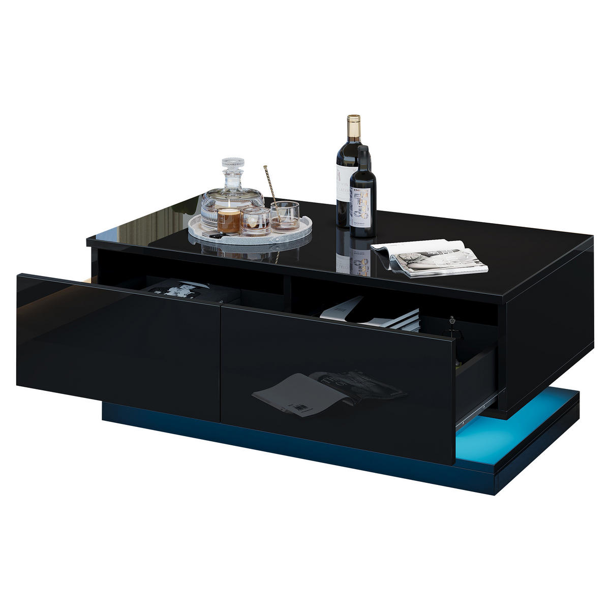 COUCHTISCH 90/50/38 cm schwarz mit 2 Schubladen und LED-Beleuchtung - Schwarz, Holzwerkstoff (90/50/38cm) - OKWISH