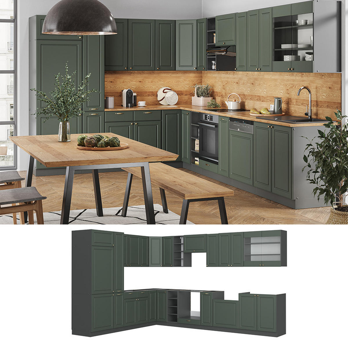 ECKKÜCHE Fame-Line Grün-Gold Landhaus/Anthrazit 347 x 257 cm AP Anthrazit - Anthrazit/Grün, Holzwerkstoff (347/81.6/60cm) - Vicco