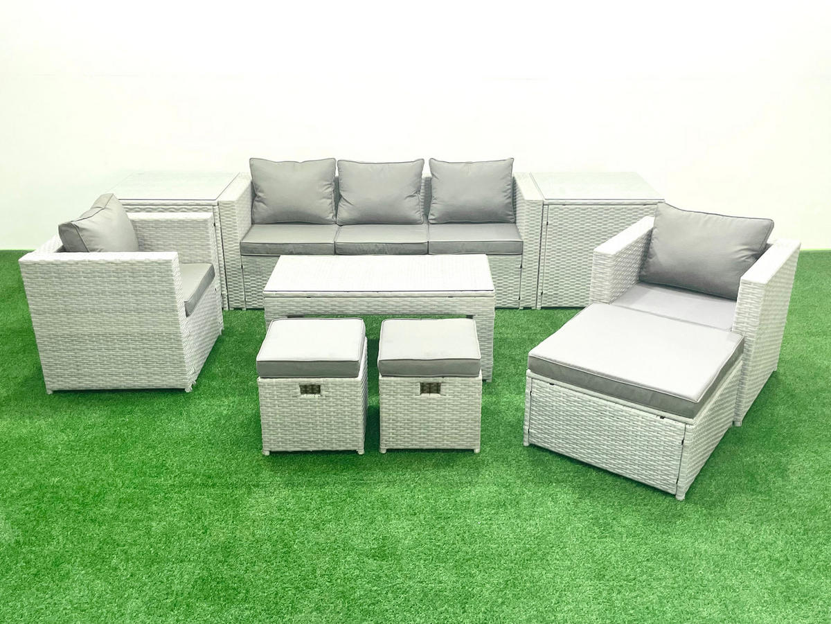 GARTENSET mit 3-SITZER SOFA,COUCHTISCH Polyrattan Hellgrau-Mix 8-Sitzer - Hellgrau/Grau, Glas/Kunststoff - Fimous
