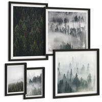 BILDER SET 5er Set - 50x50 cm & 20x30 cm & 40x60 cm Schwarzer Rahmen - Grüne Wälder, neblige Landschaft - Schwarz, Kunststoff (40/60cm) - TULUP