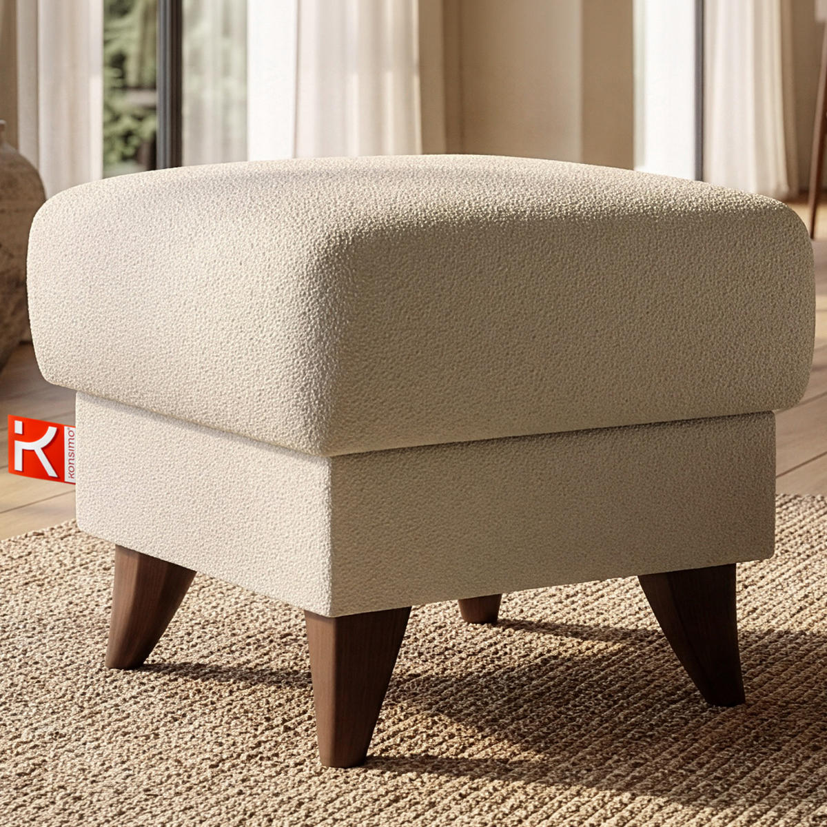 HOCKER GUSTAVO Fußstütze, Bouclé, Creme - Creme, Holz/Holzwerkstoff (53/49/53cm) - KONSIMO®
