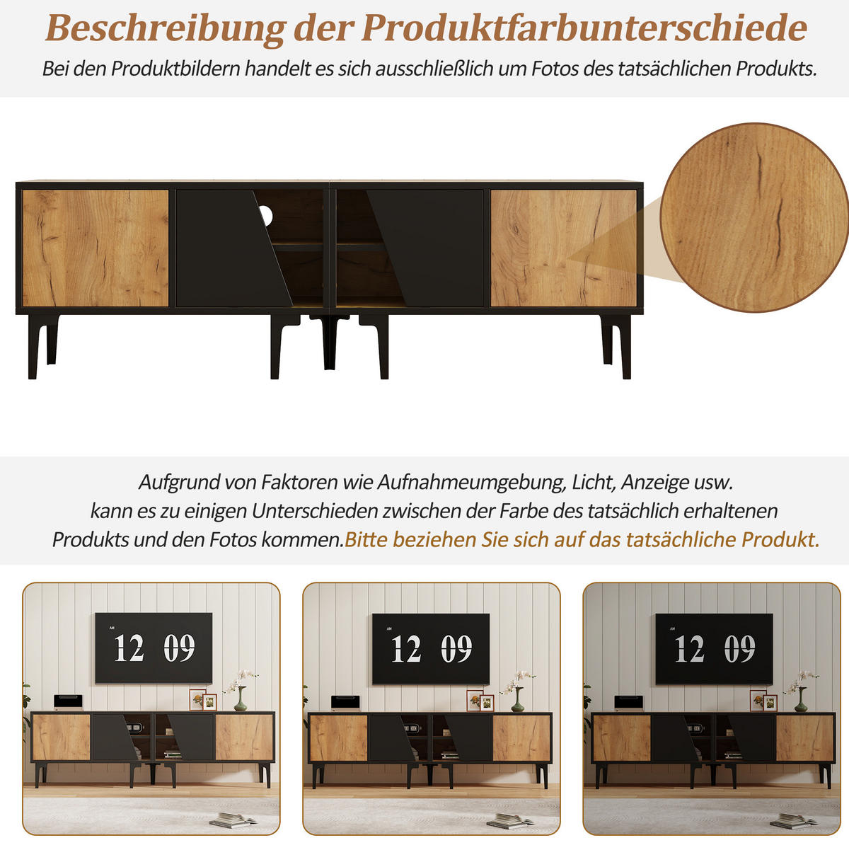 TV-LOWBOARD aus Spanplatte 160x36,5x45 cm Naturholz/Schwarz mit 4 Fächern - Hellbraun, Holzwerkstoff (160/45/36.5cm) - IVMEU