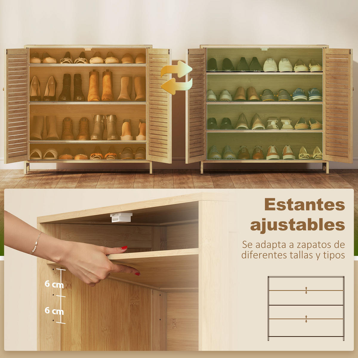 SCHUHSCHRANK,BAMBUS Lamellentüren für 14 Paar,natur - Beige, Holzwerkstoff (80/80/35cm) - Vallsero