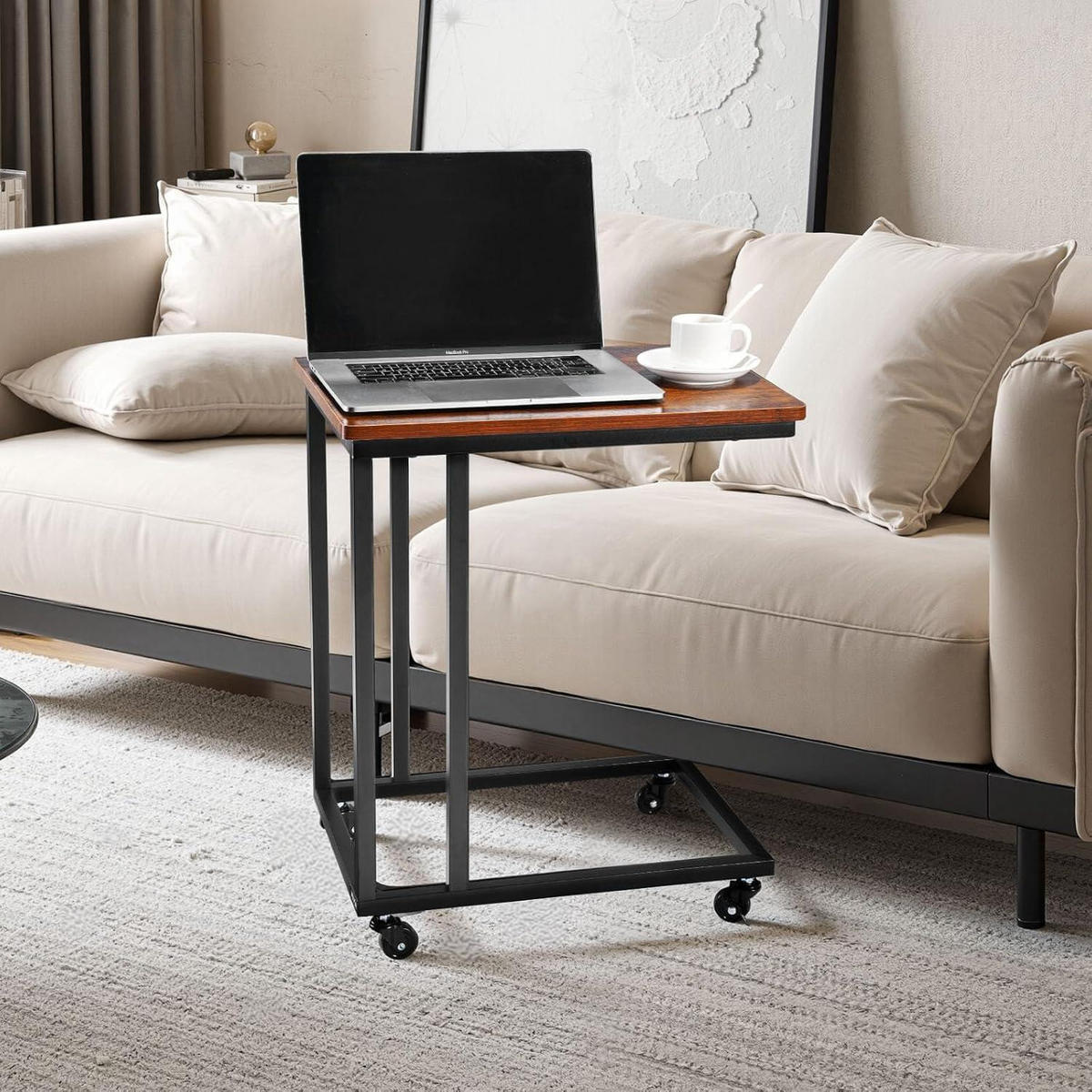 BEISTELLTISCH C-förmig rollbar Braun und Schwarz 500 x 350 x 605 mm jetzt nur online ➤