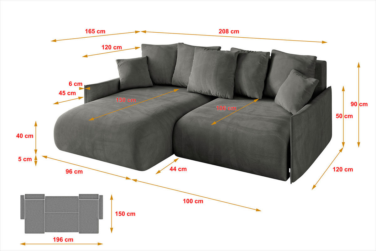 ECKSOFA mit Schlaffunktion und Bettkasten ONESK-L -v1 208x165x40 Dunkelgrau Velours - Dunkelgrau, Holzwerkstoff/Kunststoff (208/165cm) - ALTDECOR