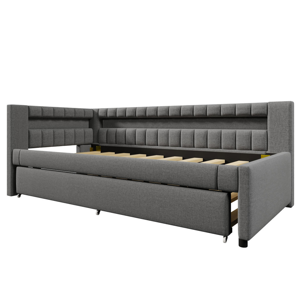 POLSTERBETT aus Leinen 90x200 cm in Grau mit LED & Ausziehbett - Grau, Textil (90/200cm) - Modfu