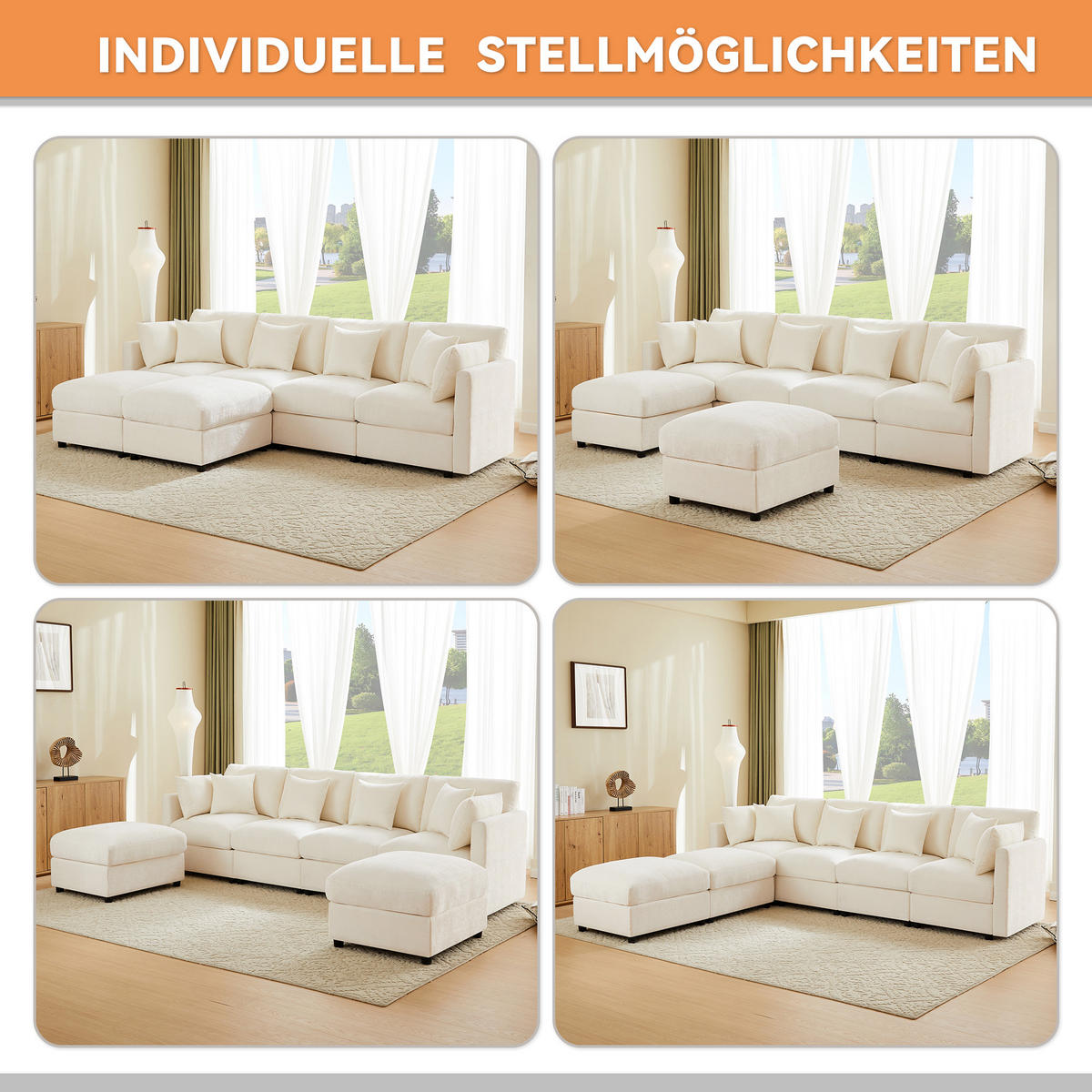 WOHNLANDSCHAFT 284/156.5/86 cm Beige mit 2 Hockern und verstellbaren Armlehnen - Beige, Textil (284/86/156.5cm) - Oxeza