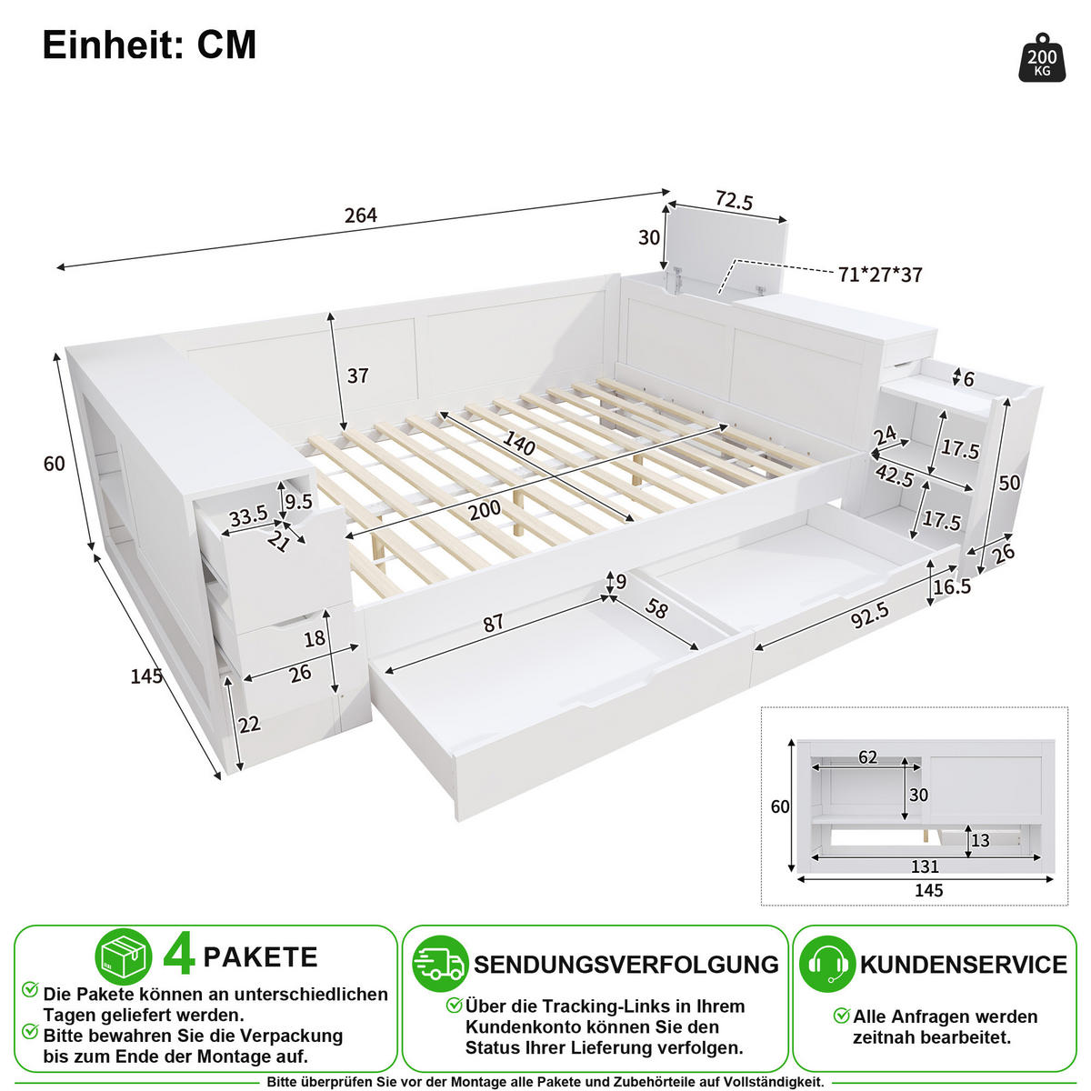 BETT 140/200 cm in Weiß mit Schubladen, Schrank und Nachttisch aus MDF - Weiß, Holzwerkstoff (140/200cm) - CHICFURN