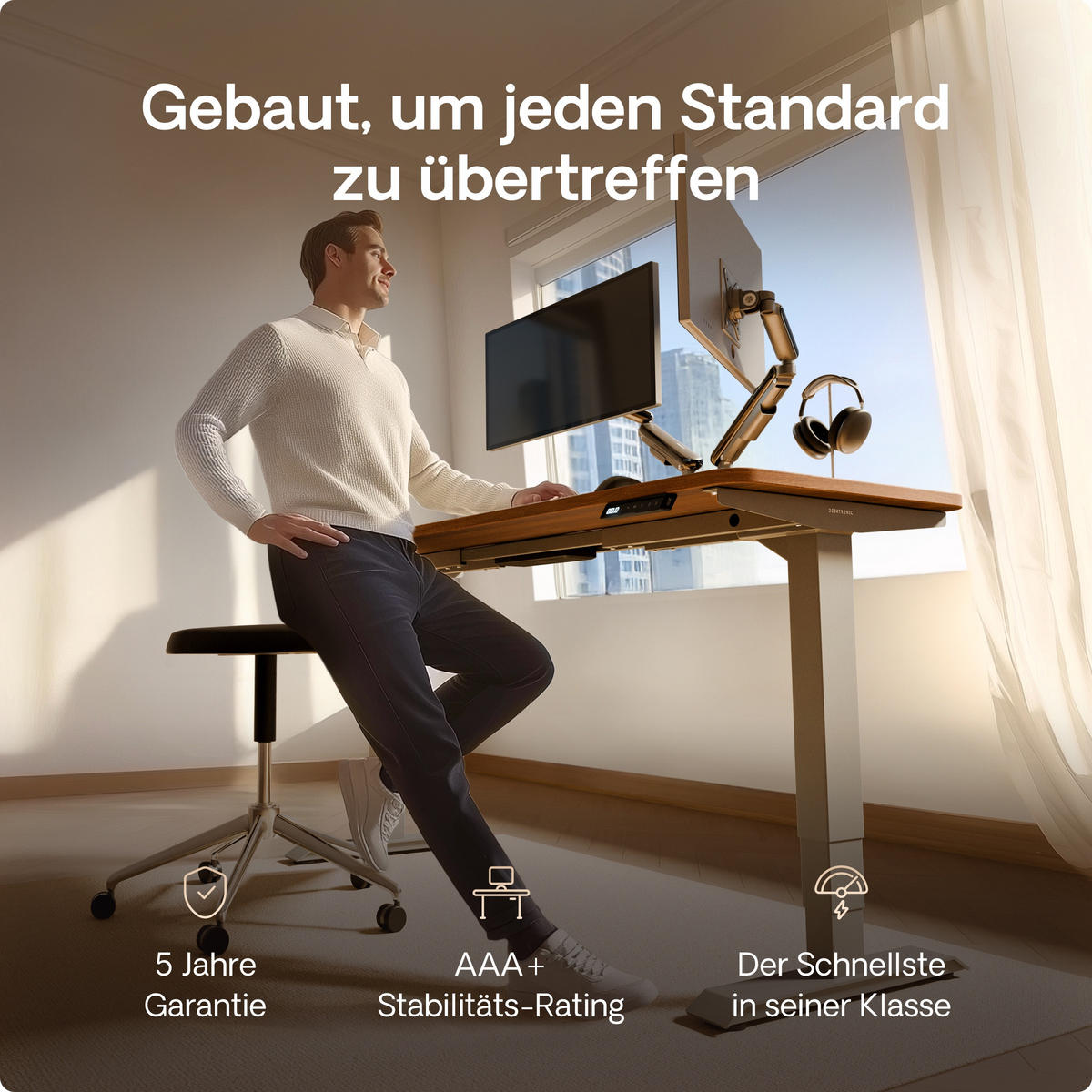 SCHREIBTISCH Elektrisch Höhenverstellbarer HomePro 160x80cm Grau/Walnuss mit Memory-Funktion, Anti-Kollisions Technologie - Walnussfarben/Grau, Holzwerkstoff (80/160/62cm) - Desktronic