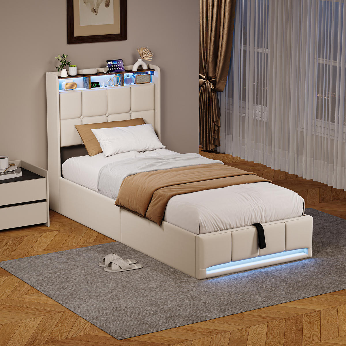 ČALÚNENÁ posteľ 90x200cm béžová ľanová pneumatická LED USB - béžová, kov - SHOPENTRA