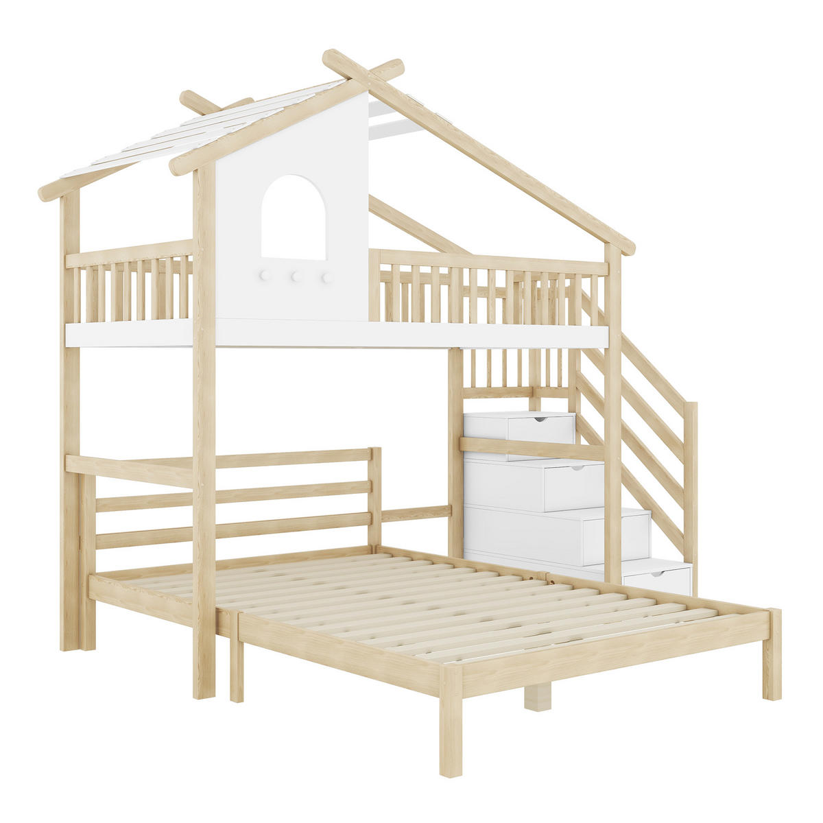 HOCHBETT 90/200 cm mit Stauraumleiter und Fenster in Weiß und Natur - Weiß, Holz (140/200cm) - OKWISH