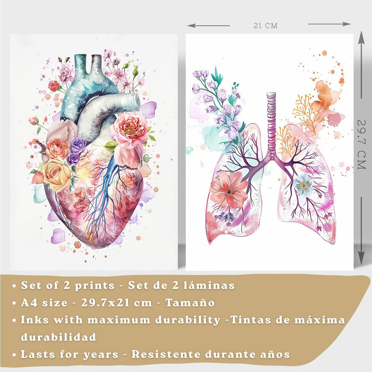 POSTER Set aus 2 Anatomie Mensch Drucke und Wandbilder mit Herz und Atmungssystem Floraler Stil Medizinische Wanddekoration Größe Schwarzer Rahmen A4 - Schwarz, Papier (21/29.7/3cm) - Nacnic