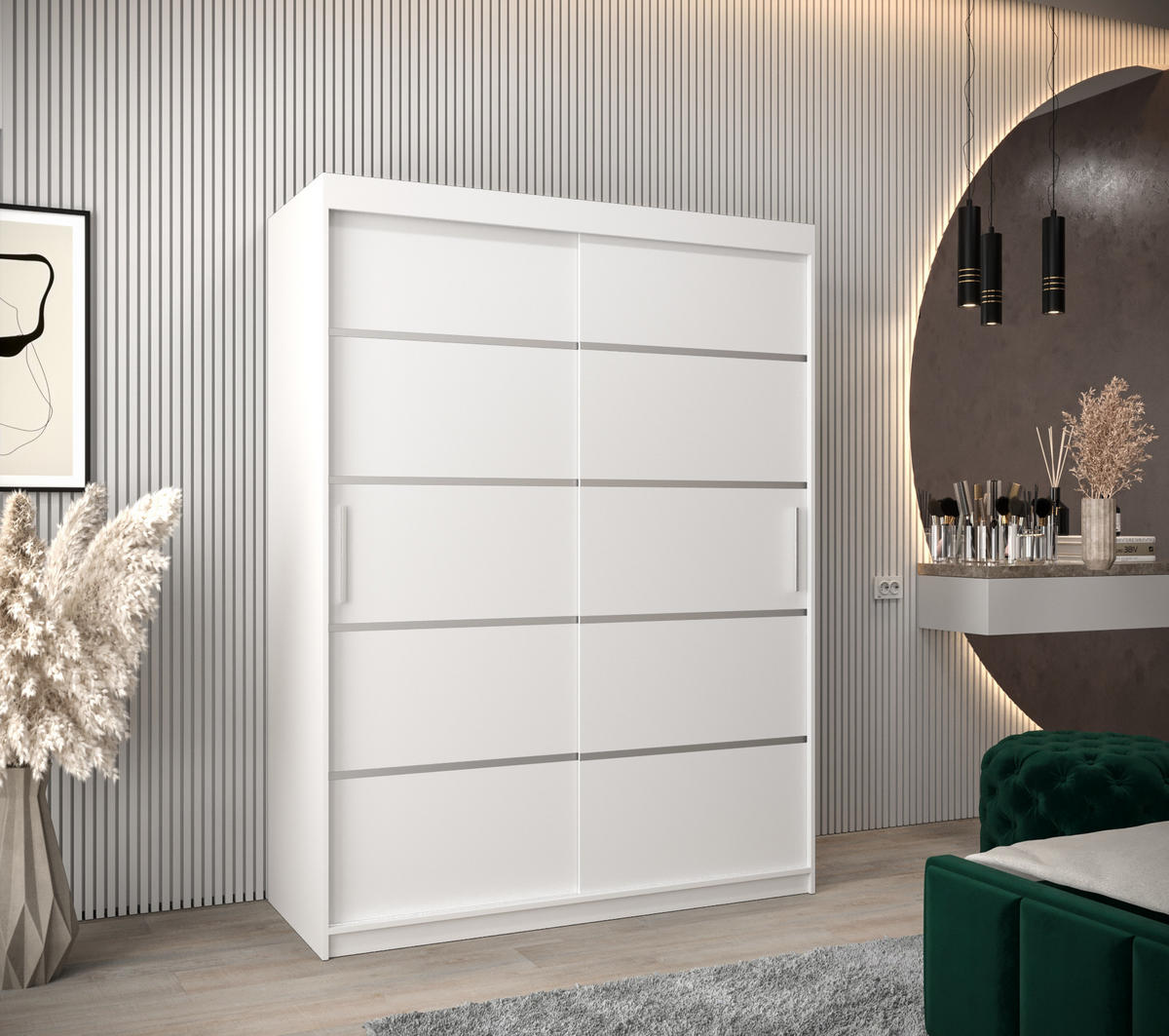 SCHWEBETÜRENSCHRANK 200/150/62 2-türig - Silberfarben/Weiß, Holz/Kunststoff (150/200/62cm) - MÖBEL KRYSPOL