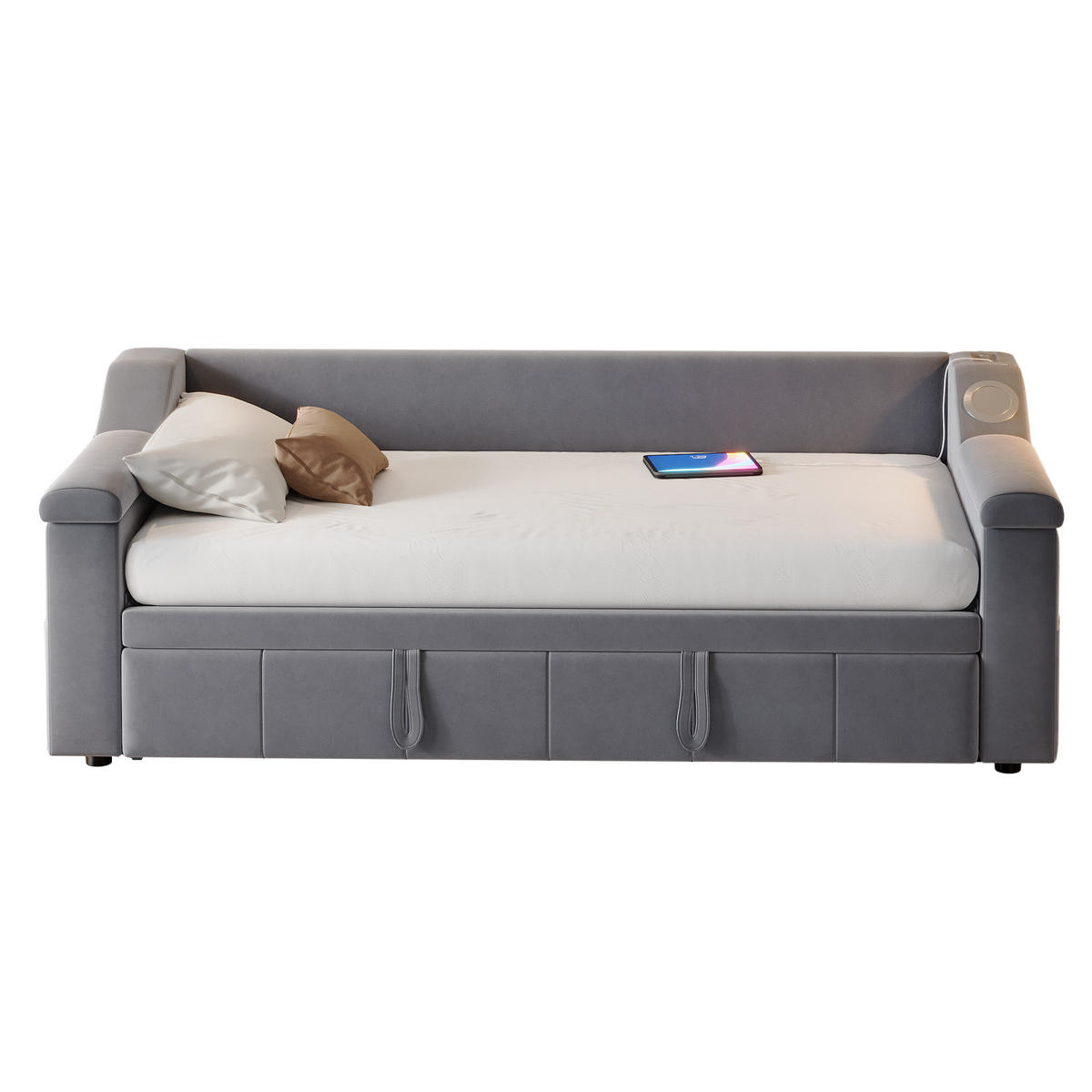 AUSZIEHBETT 90/190 cm Grau mit Bluetooth-Stereoanlage und USB-Anschluss - Grau, Textil (90/190cm) - OKWISH
