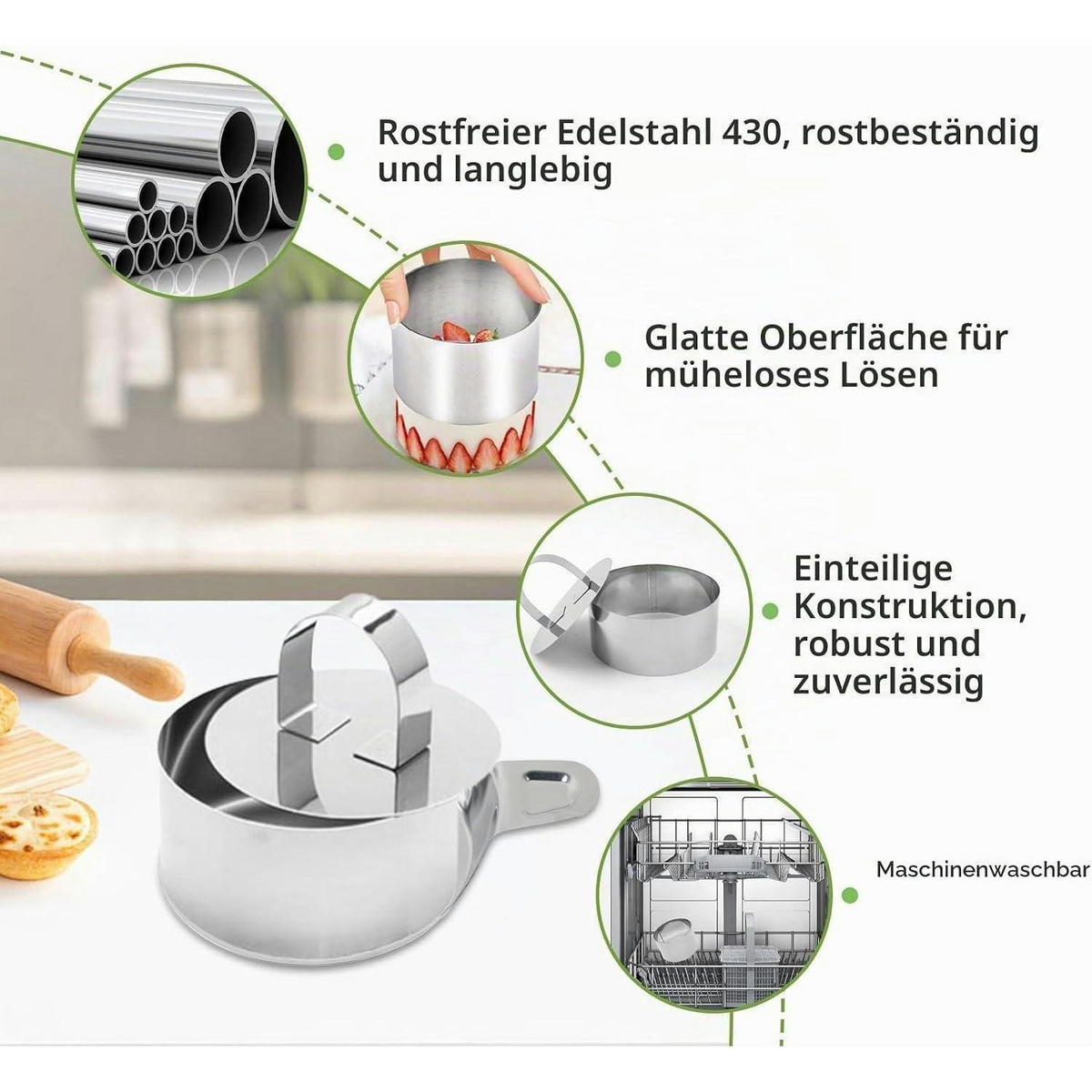 DESSERTRINGE Set 31-teilig Edelstahl 8 cm - Grün, Metall (12/7/12cm)