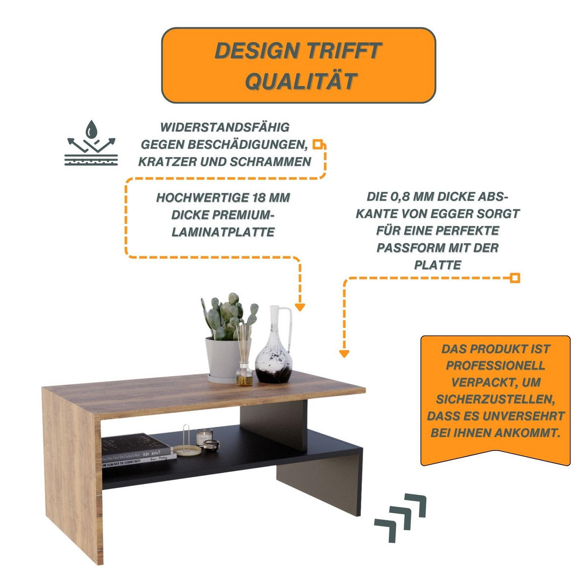 COUCHTISCH Holzwerkstoff rechteckig stabil Nussbaumfarben 50/45/93cm - Nussbaumfarben/Schwarz, Holzwerkstoff (50/93/45cm) - CraftPAK