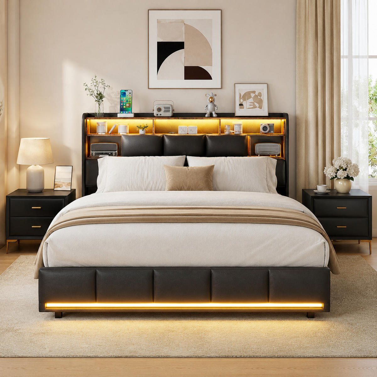 POLSTERBETT 140/190 mit Warmton-LED-Beleuchtung, multifunktionalem Stauraumkopfteil und Lade-USB, Schlafzimmer Polsterbett - Schwarz, Holz/Metall (140/190cm) - Joyfair