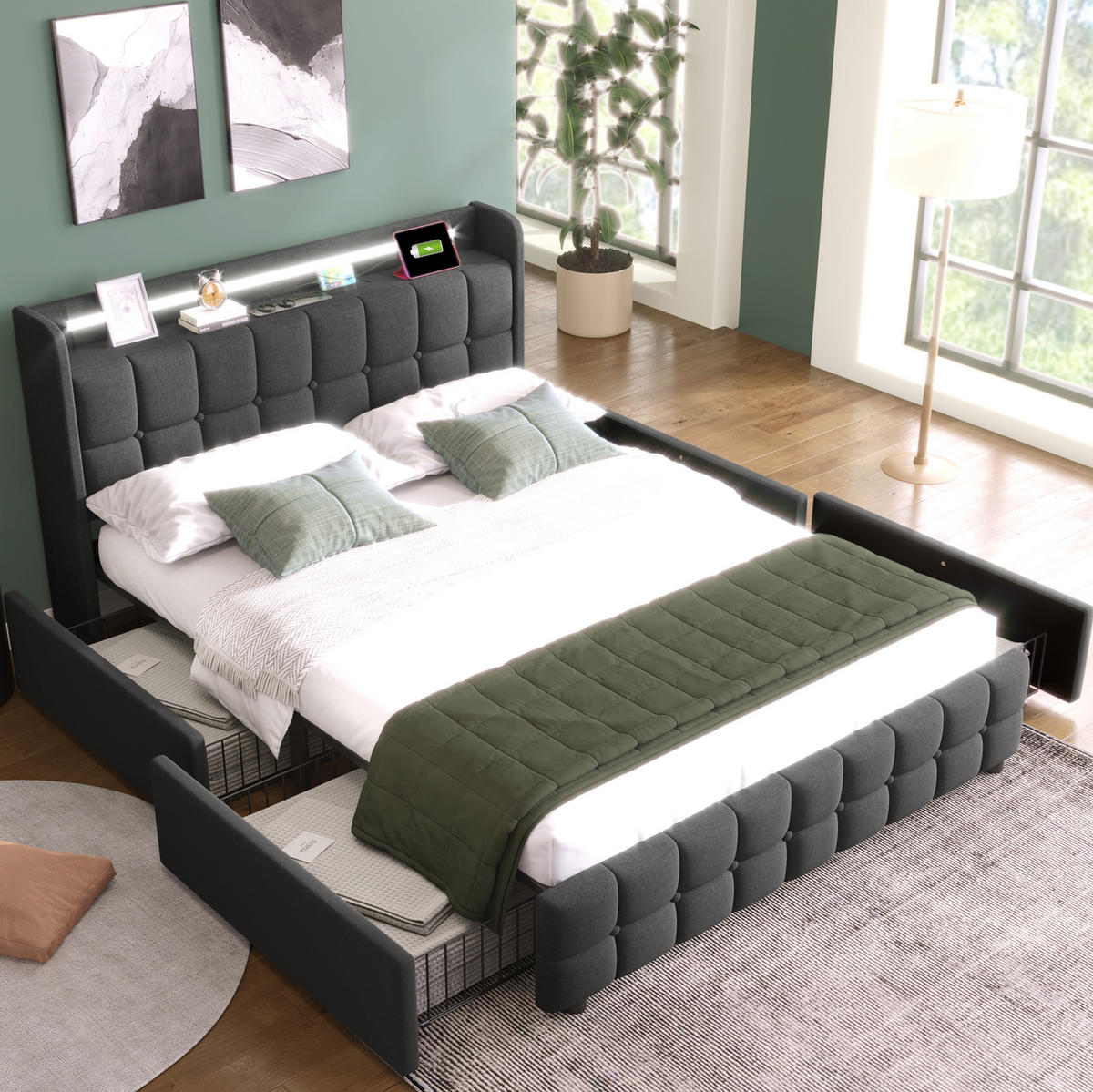 BETT mit USB und LED 140x200 cm Grau mit 4 Schubladen - Grau, Holz (140/200cm) - Meubliv