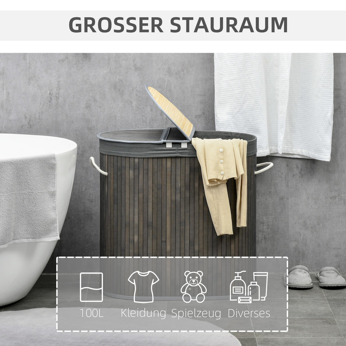 WÄSCHEKORB mit Deckel 100L, Bambus, Grau - Grau, Naturmaterialen (62.5/60.5/37cm) - HOMCOM