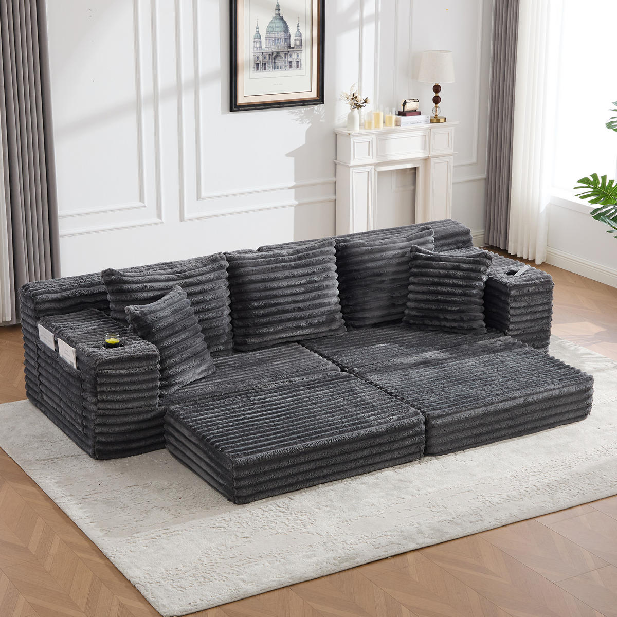 SCHLAFSOFA 273/98/87 cm Dunkelgrau mit beidseitigen Taschen und Getränkehaltern - Dunkelgrau, Textil (107.48/34.25/38.58cm) - Oxeza