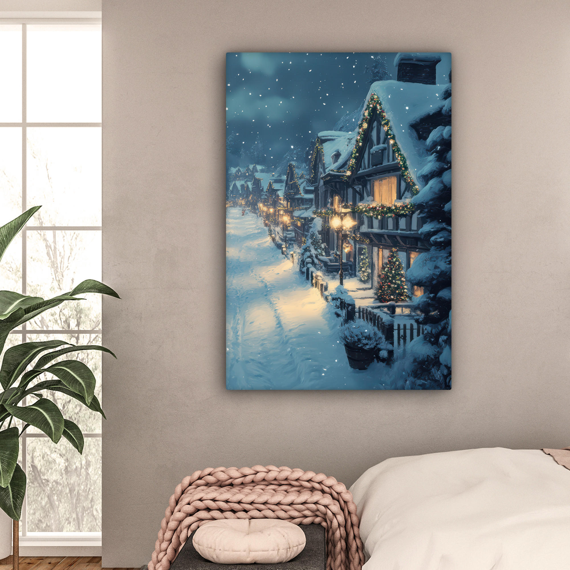 LEINWANDBILD Weihnachtsdorf - Weihnachten - Schnee - Winter 80x120 cm - Dunkelblau, Textil (80/120cm) - MuchoWow