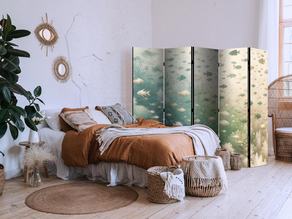 PARAVENT Akustik 5-tlg 225x172 cm Fische Meer - Blau, Holz/Textil (225/172/3cm) - Muralo