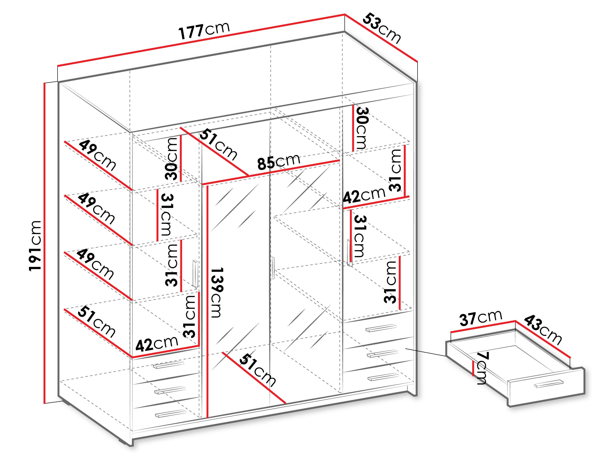 Thumbnail - Mirjan24 Kleiderschrank, Eiche, Kunststoff, 6 Schubladen, Rechteckig, 177x191x53 cm, Schlafzimmer, Kleiderschränke