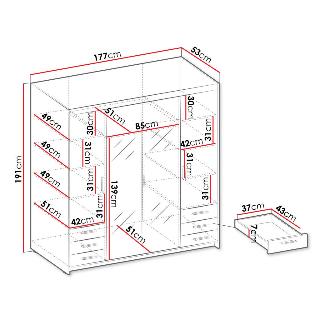 Thumbnail - Mirjan24 Kleiderschrank, Weiß, Kunststoff, 6 Schubladen, Rechteckig, 177x191x53 cm, Schlafzimmer, Kleiderschränke