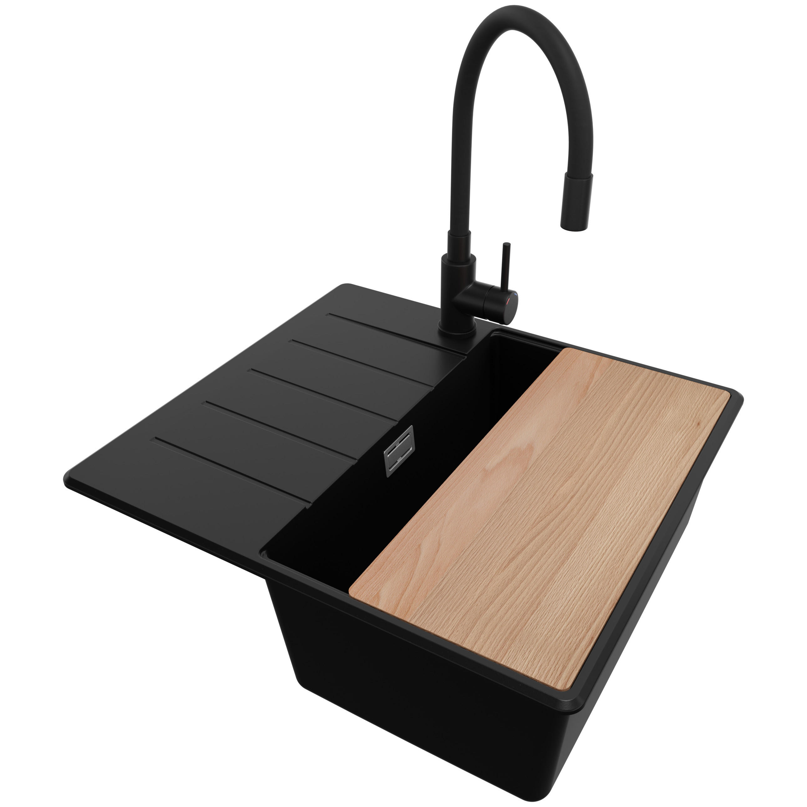 GRANITSPÜLE Kopenhagen, 2-er set Schwarz 55/50 cm 1 Becken + Küchenarmatur 40/38 cm + Ablauf-Set + Schneidebrett ab 40er Unterschrank - Chromfarben/Beige, Kunststoff (55/20/50cm) - Primagran