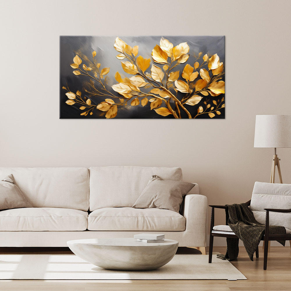 LEINWANDBILD Goldene Blätter auf grauem Hintergrund 100x50cm - Goldfarben, Textil (100/50cm) - Feeby