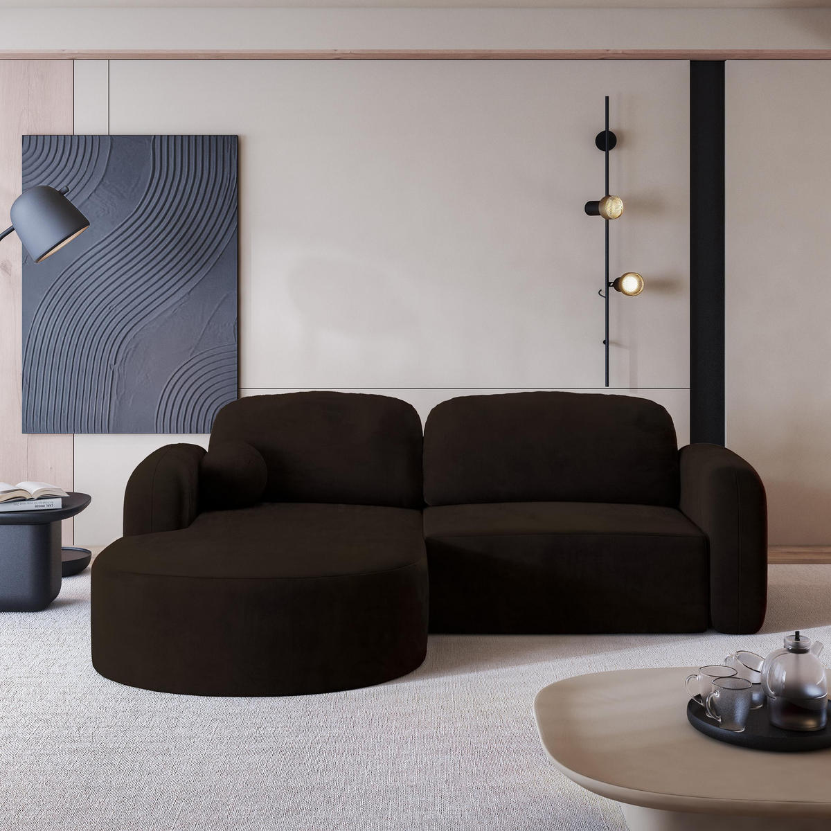 ECKSOFA AMILIA M L-S Braun Velours-Stoff mit Schlaffunktion - Braun, Holz (263/174cm) - MASSENO