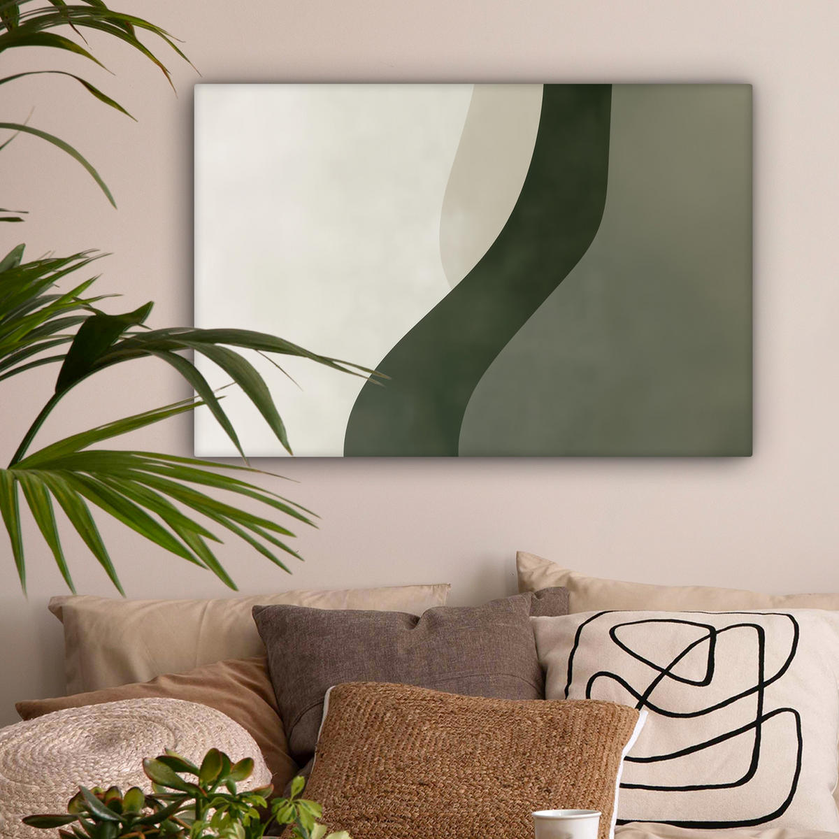 LEINWANDBILD Japandi - Grün - Abstrakt - Modern Wanddeko 90x60 cm - Salbeigrün, Textil (90/60cm) - MuchoWow