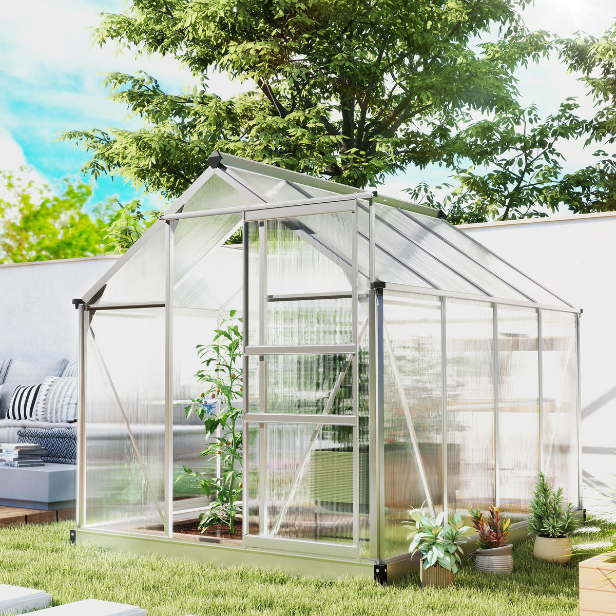 GEWÄCHSHAUS Aluminiumlegierung Polycarbonat Silber - Silberfarben, Metall (252/201/190cm) - Outsunny