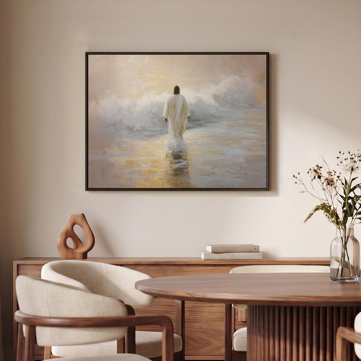 LEINWAND Bilder mit Rahmen - Gemälde - Welle - Jesus - Abstrakt - 80x60 - Goldfarben, Textil (80/60cm) - MuchoWow