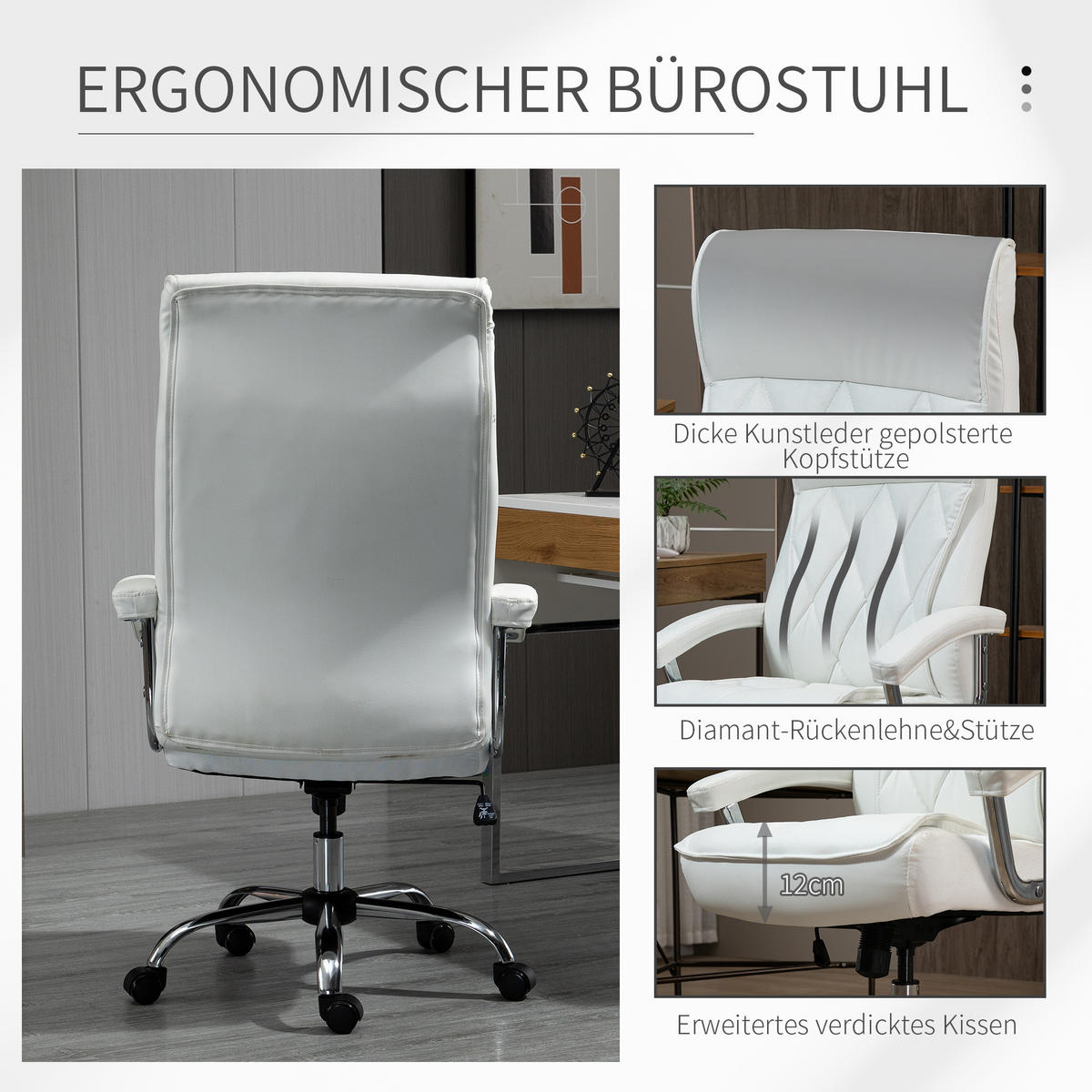 CHEFSESSEL, Bürostuhl, Kunstleder, Weiß - Weiß, Kunststoff/Metall (69/121/66cm) - Vinsetto