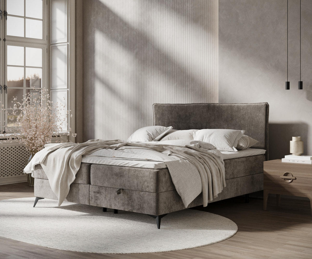BOXBETT Peru Grau Braun 160/200 cm im Chenille-Stoff - Graubraun/Schwarz, Holz/Holzwerkstoff (160/200cm) - Maison de Reve