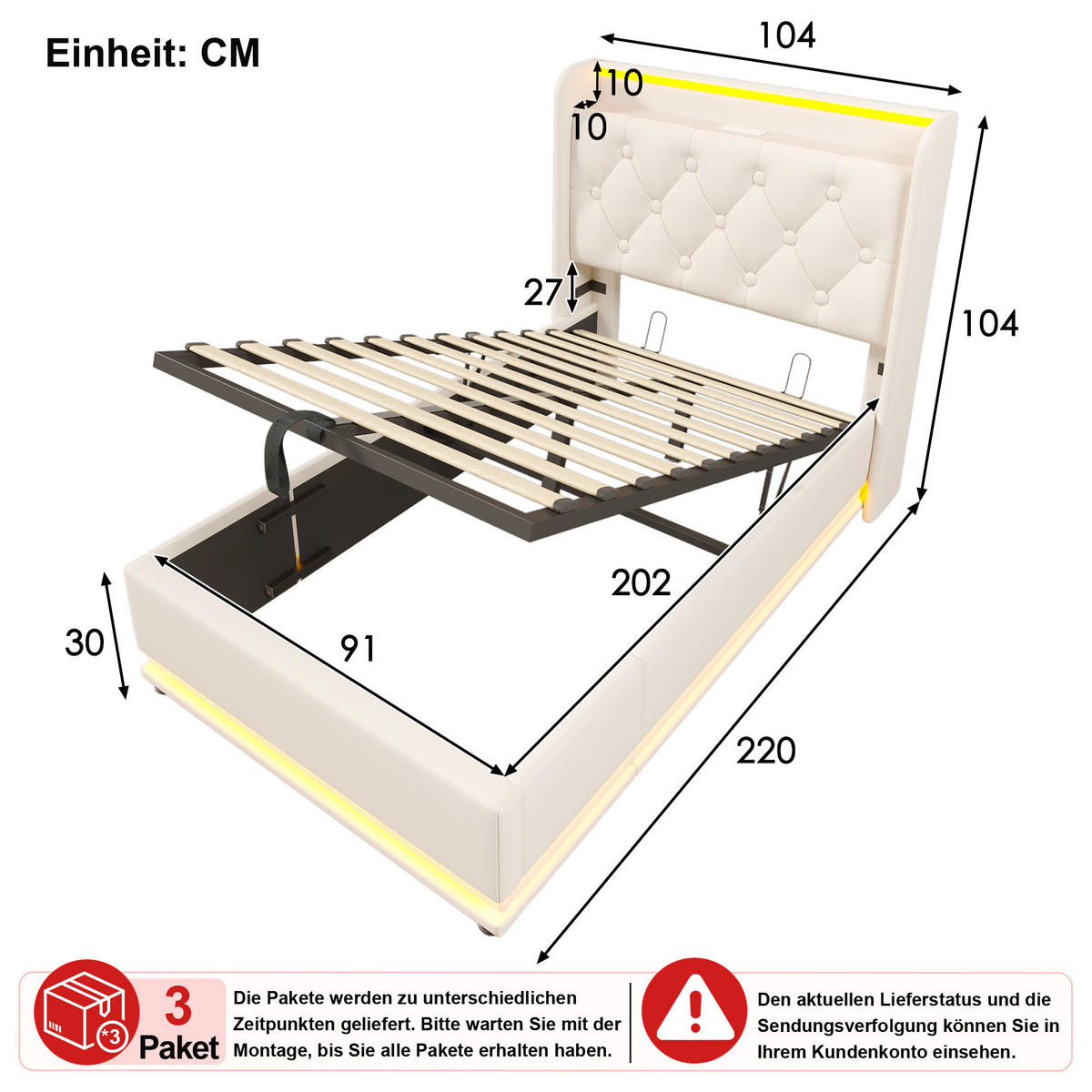 ČALOUNĚNÁ POSTEL 90 × 200 cm v bílé barvě s úložným prostorem, LED osvětlením a USB/USB-C - bílá, kov/kompozitní dřevo (90/200cm) - WISHDOR
