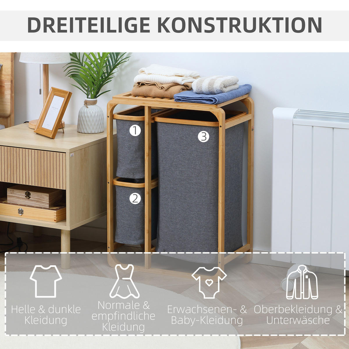 WÄSCHEKORB, Bambus, Polyester Natur+Grau - Multicolor, Naturmaterialien (32/69.7/50cm) - HOMCOM