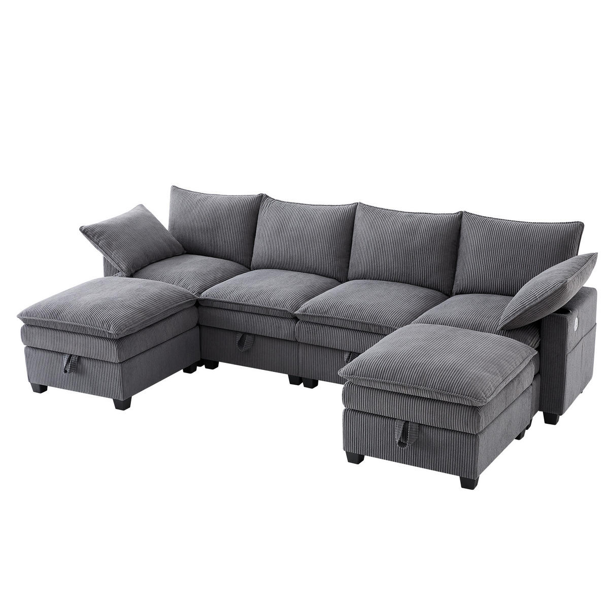 SOFA Modulares L-förmiges mit Fußhockern und USB-Anschlüssen Cord Grau 280/151/82 cm - Grau, Textil (280/151cm) - OKWISH