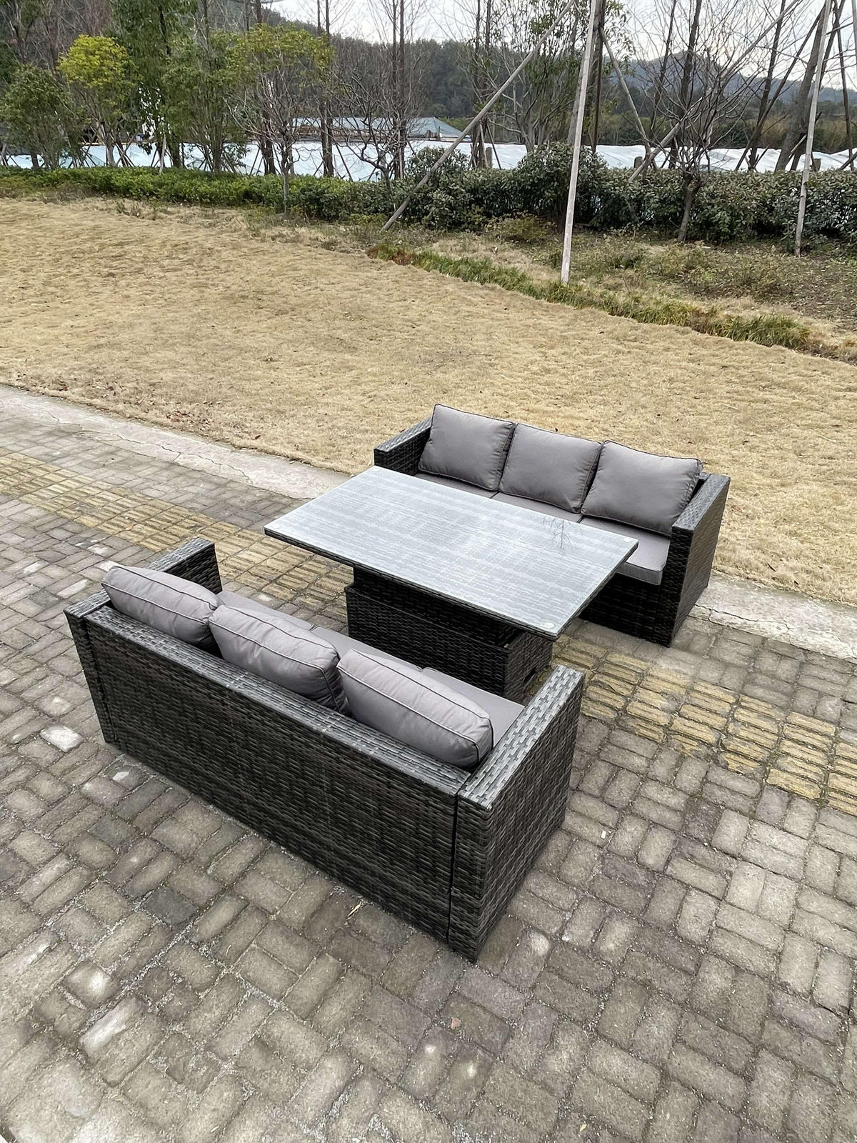 GARTENSOFA SET Polyrattan 6-Sitzer - Dunkelgrau/Grau, Glas/Kunststoff - Fimous