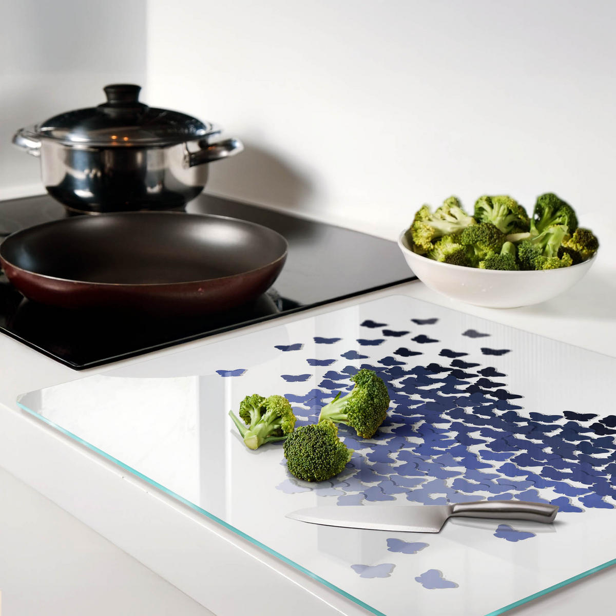 GLASPLATTE 60x52 cm Schmetterlinge Herzen - Blau, Glas (60/0.4/52cm) - TULUP