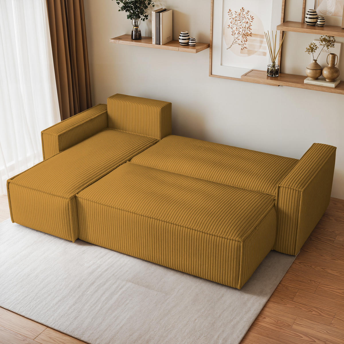ECKSOFA RAVELO P Gelb Kordstoff mit Schlaffunktion - Gelb, Holz (240/140cm) - MASSENO