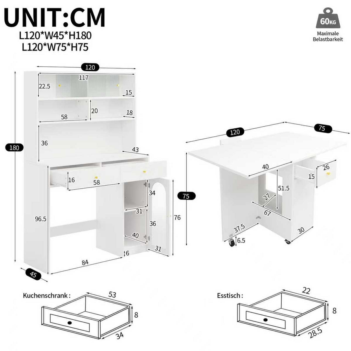 BUFFET-SET 120/45/180 cm weiß aus MDF mit klappbarem Esstisch - Weiß, Holzwerkstoff (120/180/45cm) - OKWISH