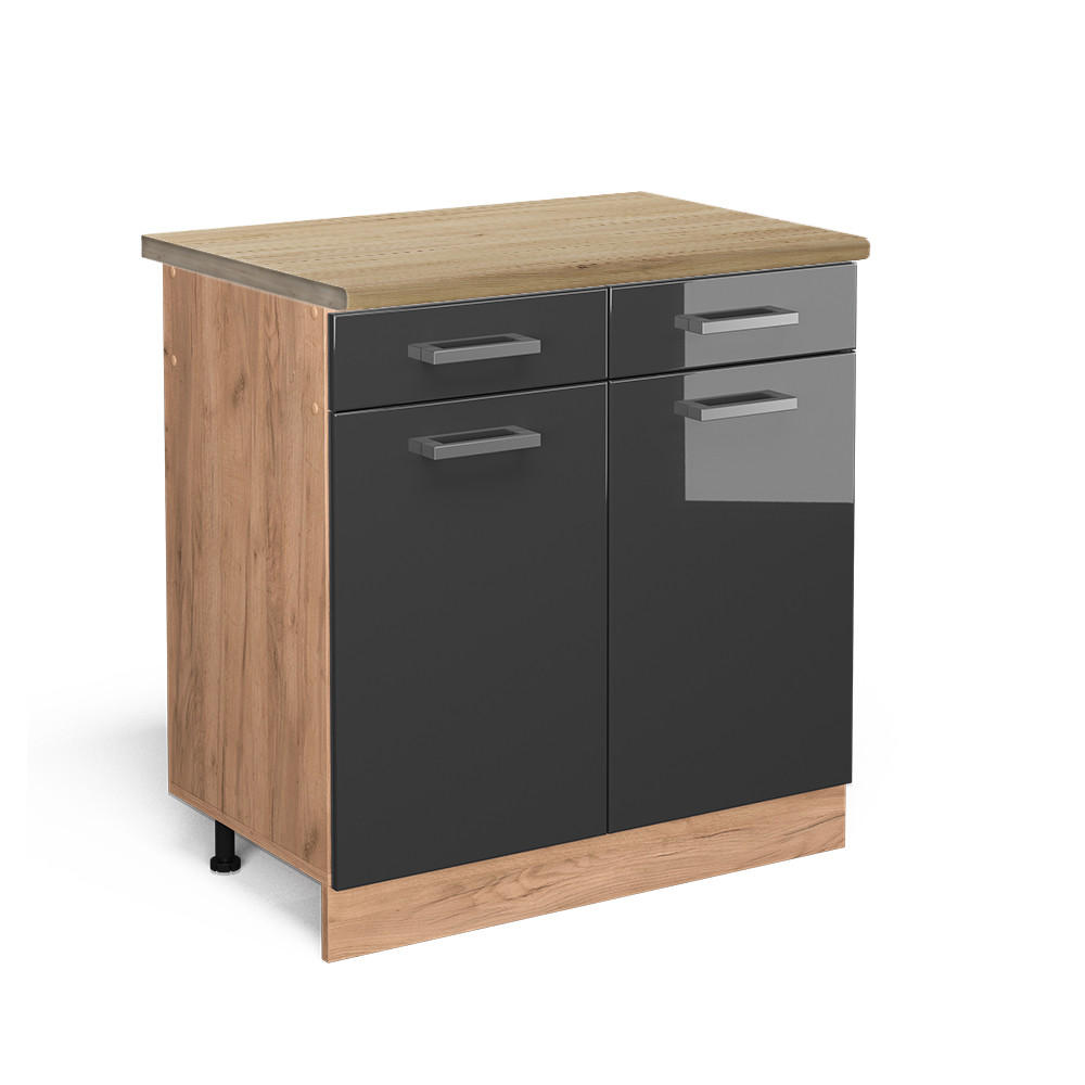 KÜCHENUNTERSCHRANK R-Line Anthrazit Hochglanz 80 cm, AP Eiche - Anthrazit/Eiche Wotan, Holzwerkstoff (80/81.6/60cm) - Vicco