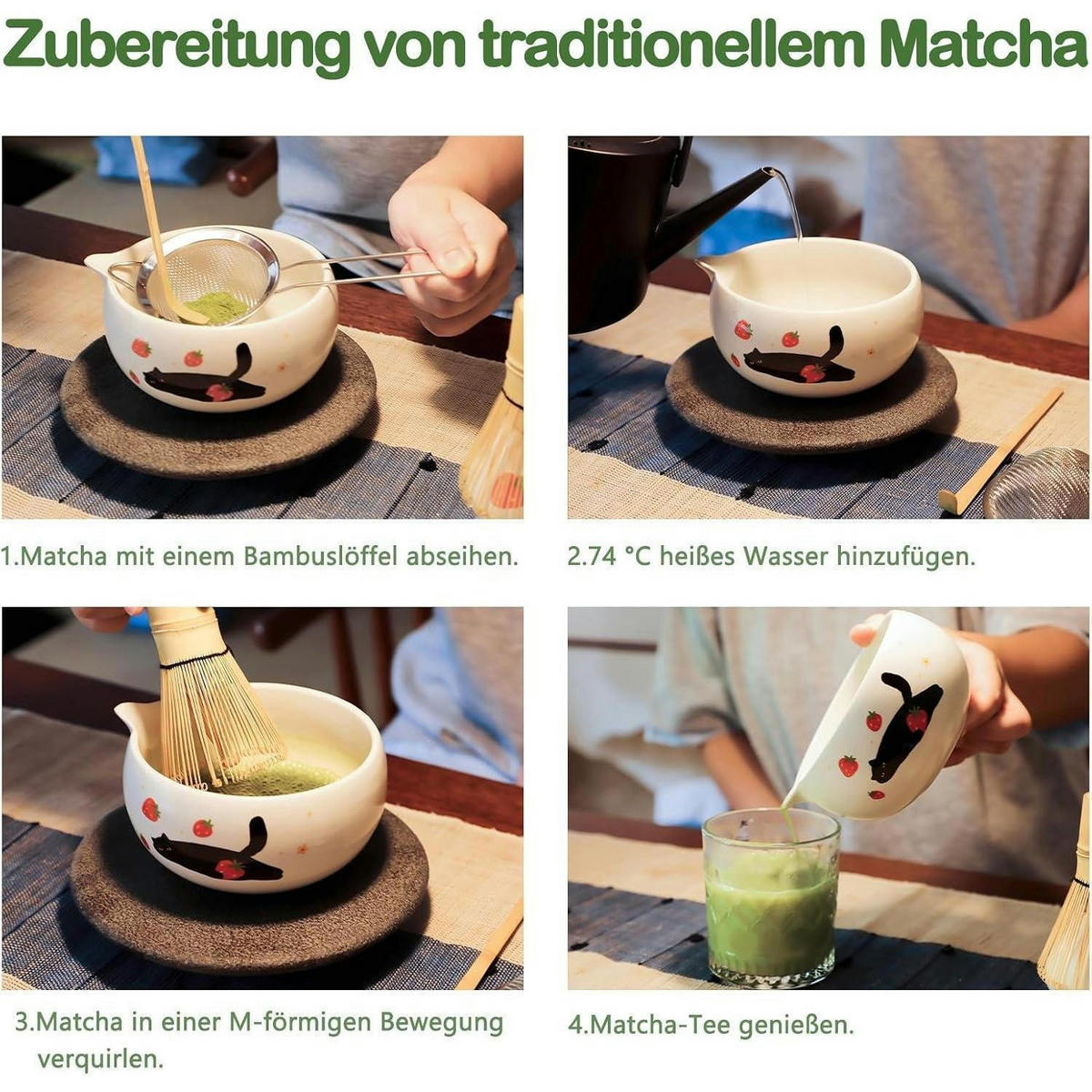 MATCHA Set 5-teiliges Set mit Katzen und Erdbeeren - Weiß, Keramik (13.9/6.6/13.9cm)