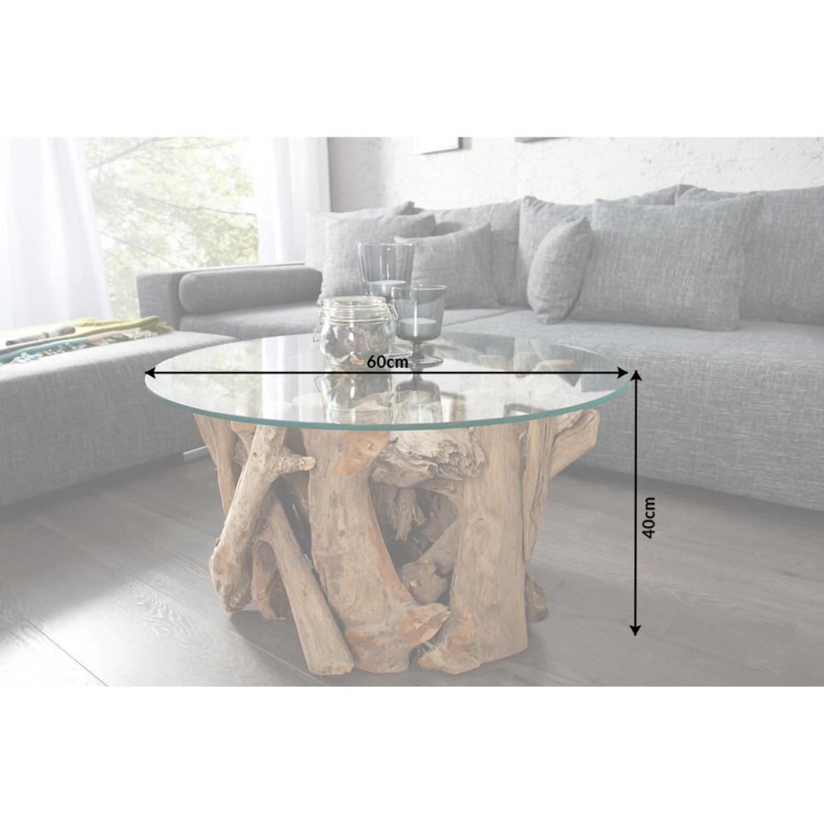 COUCHTISCH NATURE LOUNGE Teakholz rund 60cm - Transparent/Braun, Glas/Holz (60/60/40cm) - riess-ambiente