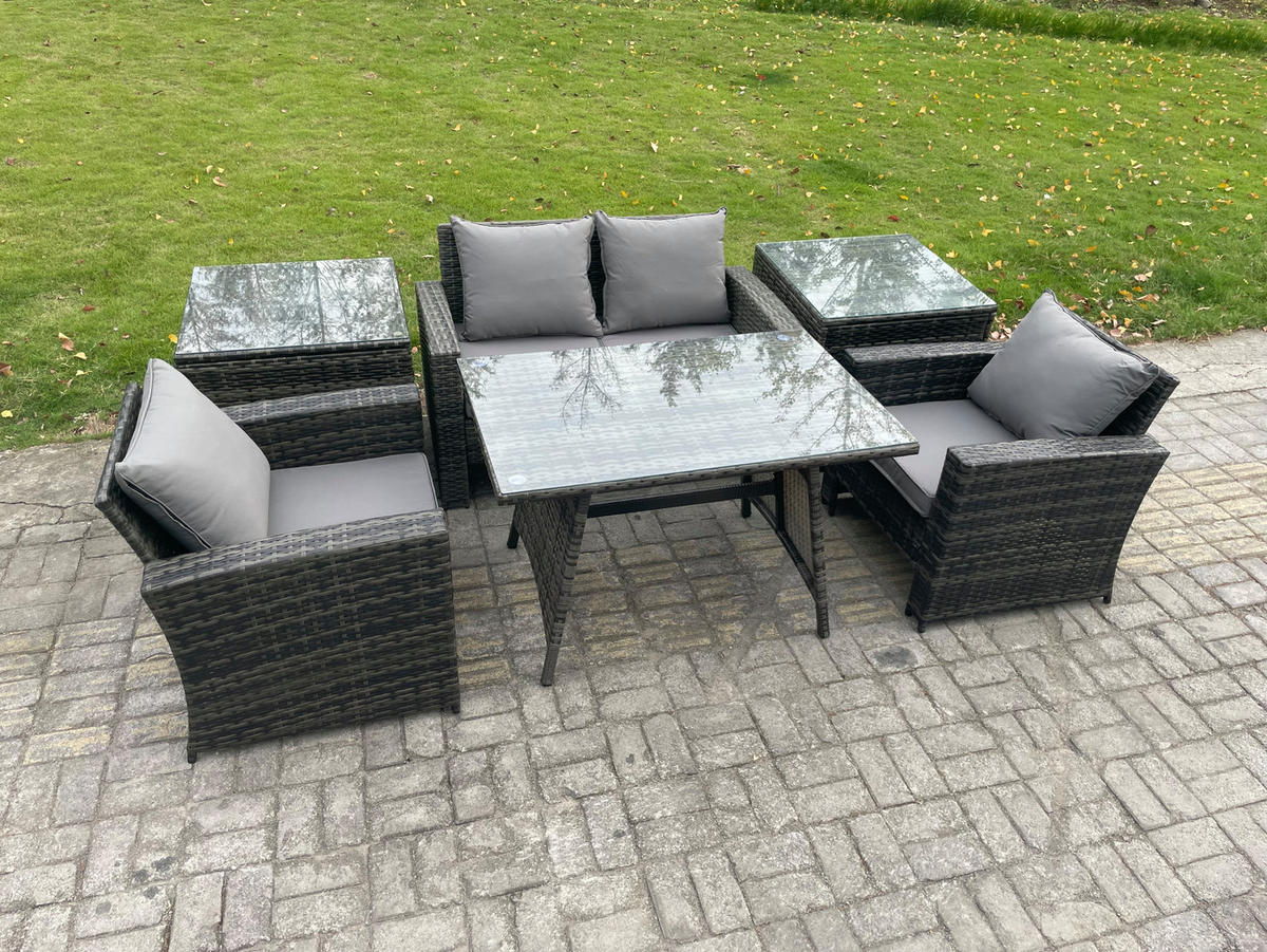 GARTENMÖBELSET mit ESSTISCH,HOCHLEHNER-SOFA Polyrattan Dunkelgrauer Mix 4-Sitzer - Dunkelgrau/Grau, Glas/Kunststoff - Fimous