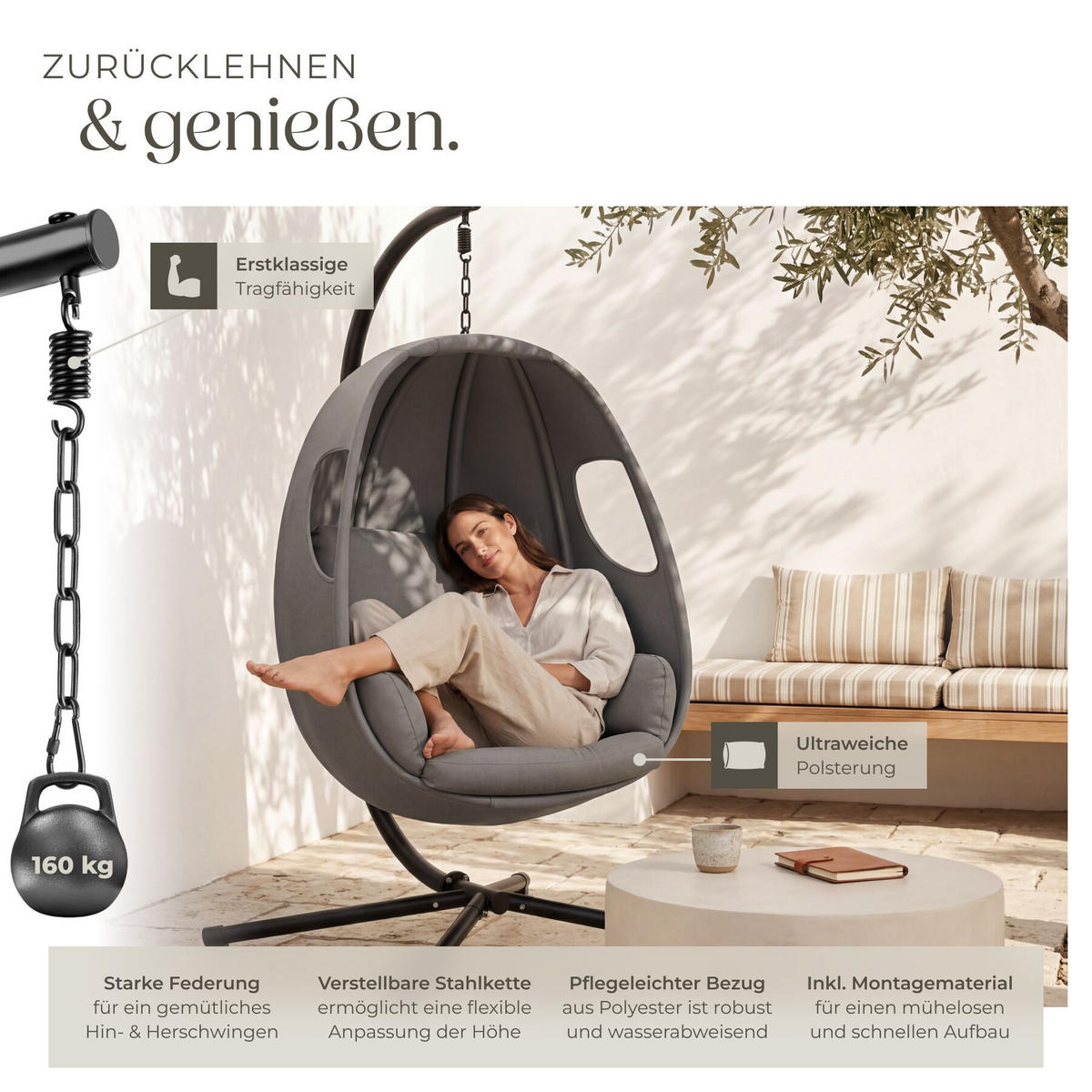 HÄNGESESSEL Anika mit Gestell und Kissen,360° drehbar,160 kg,anthrazit,100x97x201 cm - Anthrazit, Kunststoff/Textil (100/201/97cm) - tectake