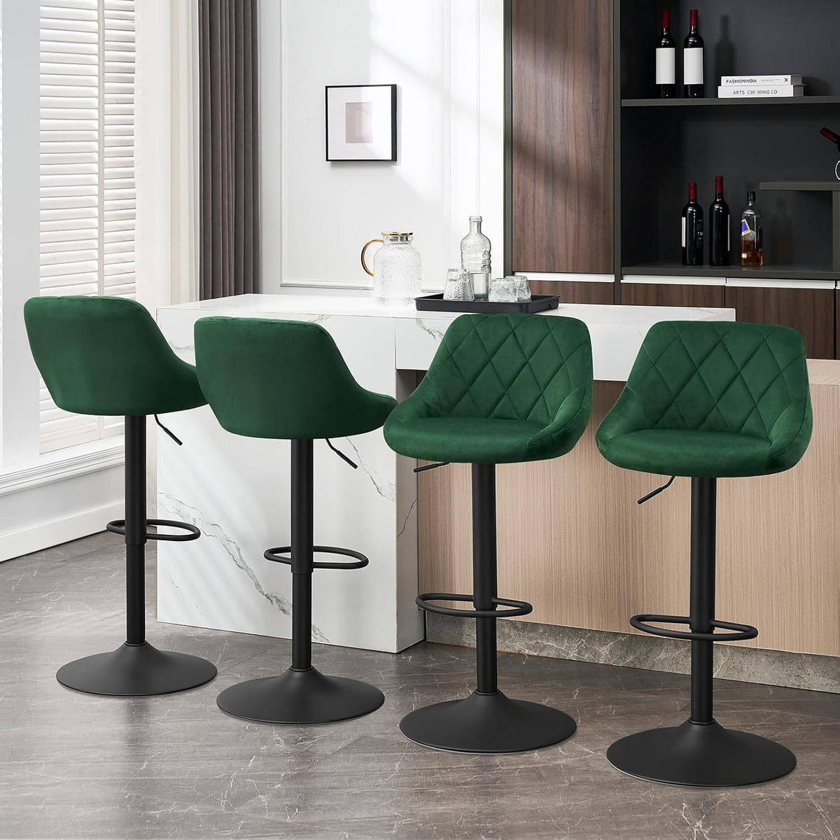 BARHOCKER 2er Set, aus Samt, Drehbar, Dunkelgrün - Dunkelgrün/Schwarz, Textil/Metall (47/83/39cm) - Woltu