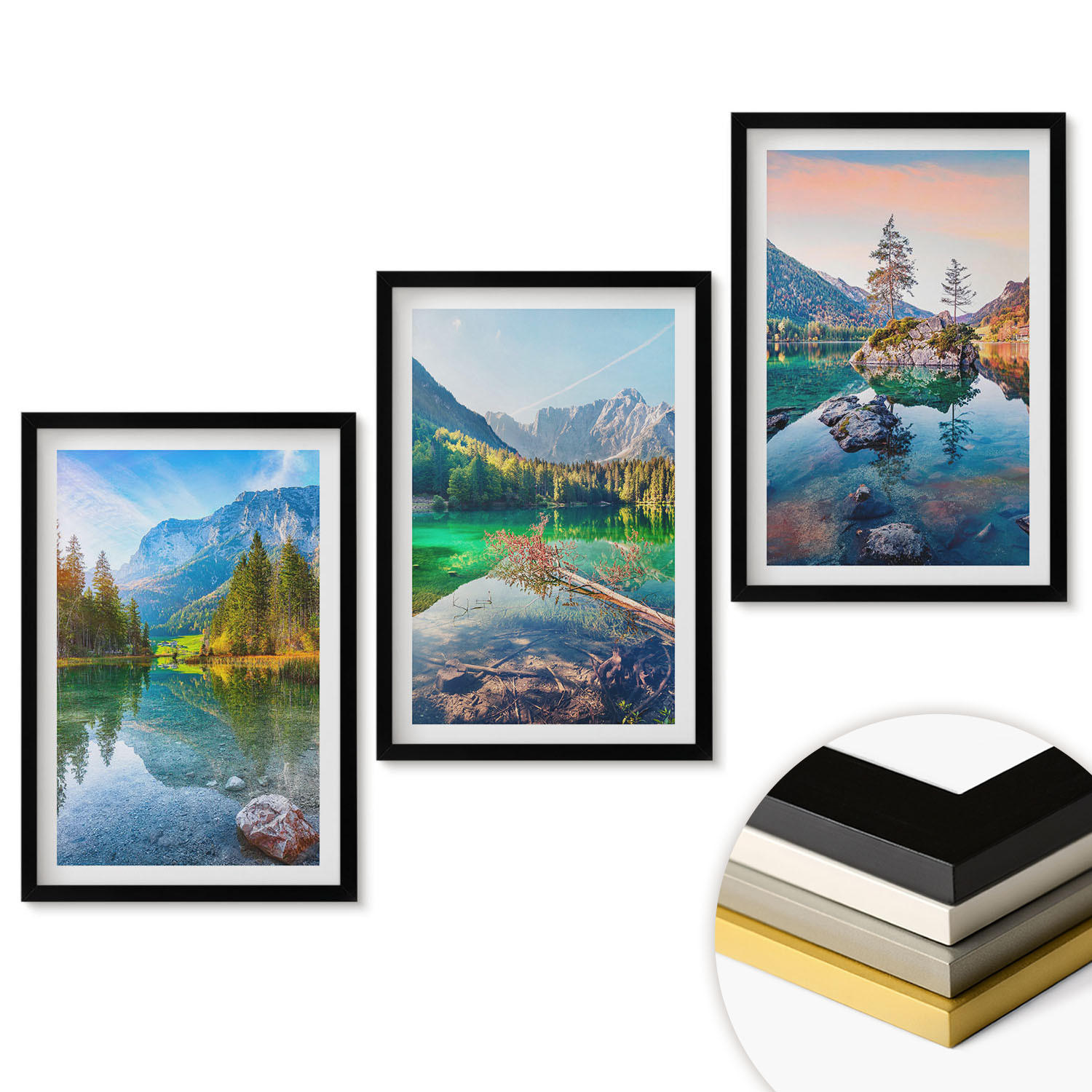 WANDBILDER 3er-Set - 40x60 cm Schwarzer Rahmen - Naturlandschaft der Bergseen - Schwarz, Kunststoff (40/60cm) - ArtPrintCave